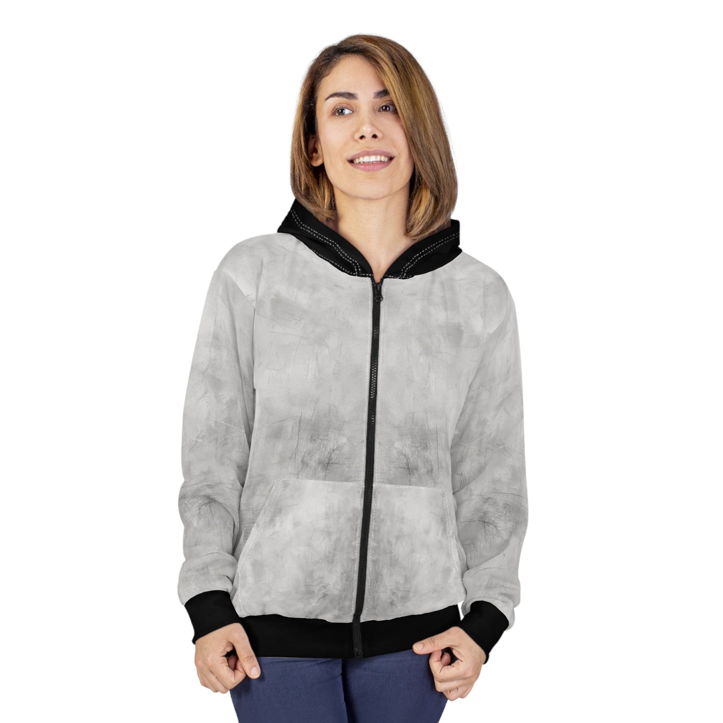 Gray marble tie-dye zip hoodie with all-over print and full-zip design by Printify.