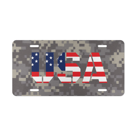 American flag patriotic USA camo vanity license plate featuring bold patriotic design and camouflage background.