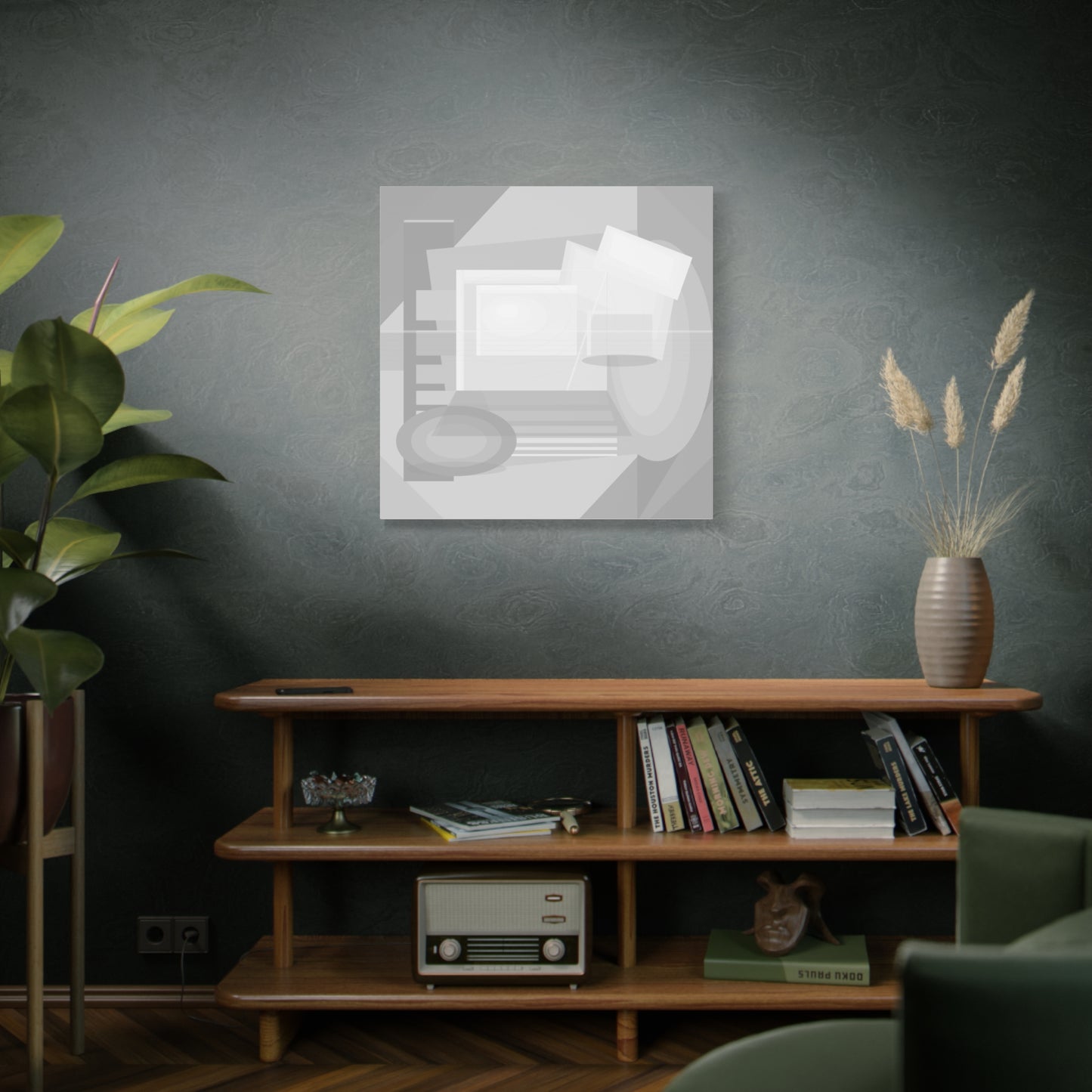 Abstract geometric collage on matte canvas by Printify, featuring colorful shapes and modern art design.