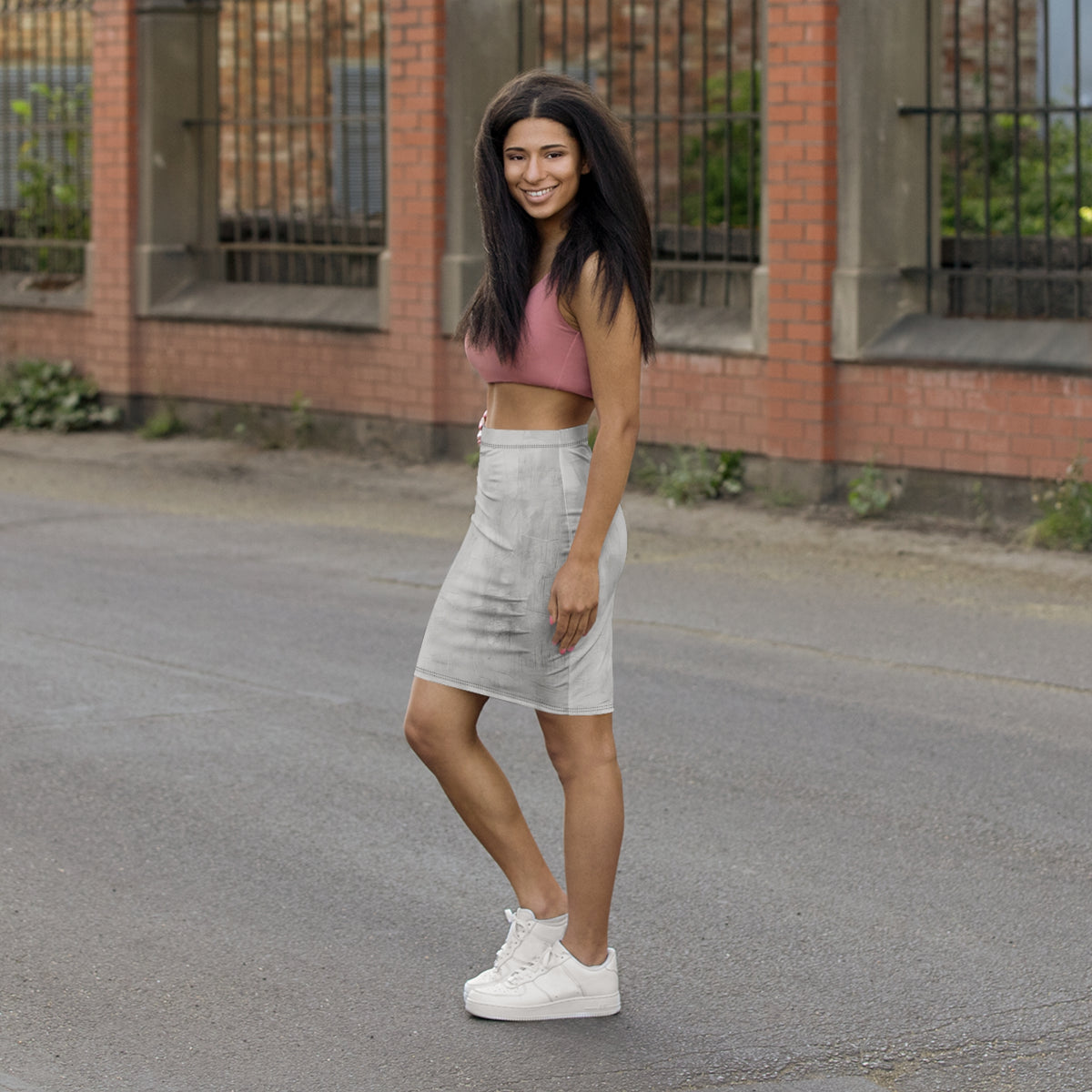 Marble Texture Mid‑Waist Pencil Skirt — Sleek Neutral AOP