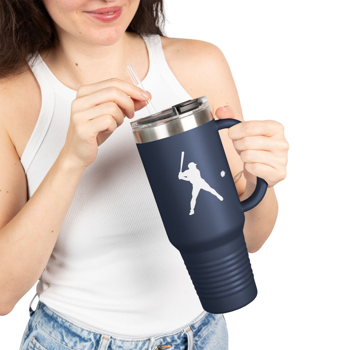 Printify 40oz insulated baseball travel mug with sports fan design, durable tumbler for hot and cold beverages on the go.