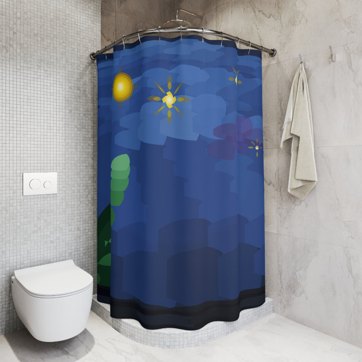 Starry Night Blue shower curtain featuring nautical ocean waves and starry sky design by Printify.