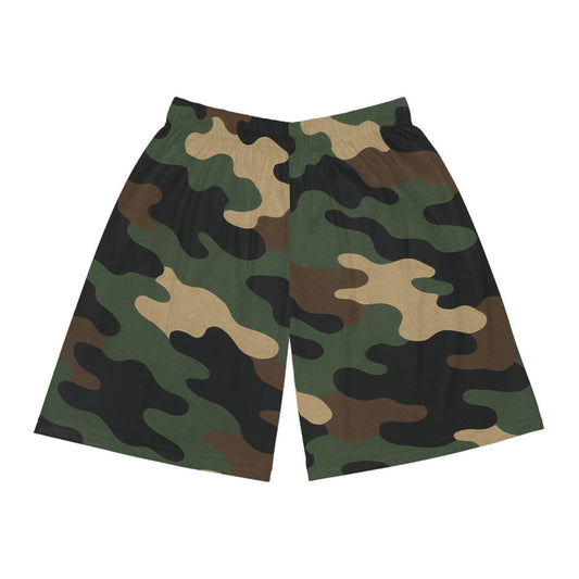 Green woodland camo all-over print basketball shorts by Printify with athletic fit and vibrant camouflage design.