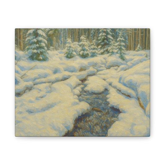 Winter landscape canvas wall art featuring a snowy forest and stream, printed by Printify on stretched canvas.