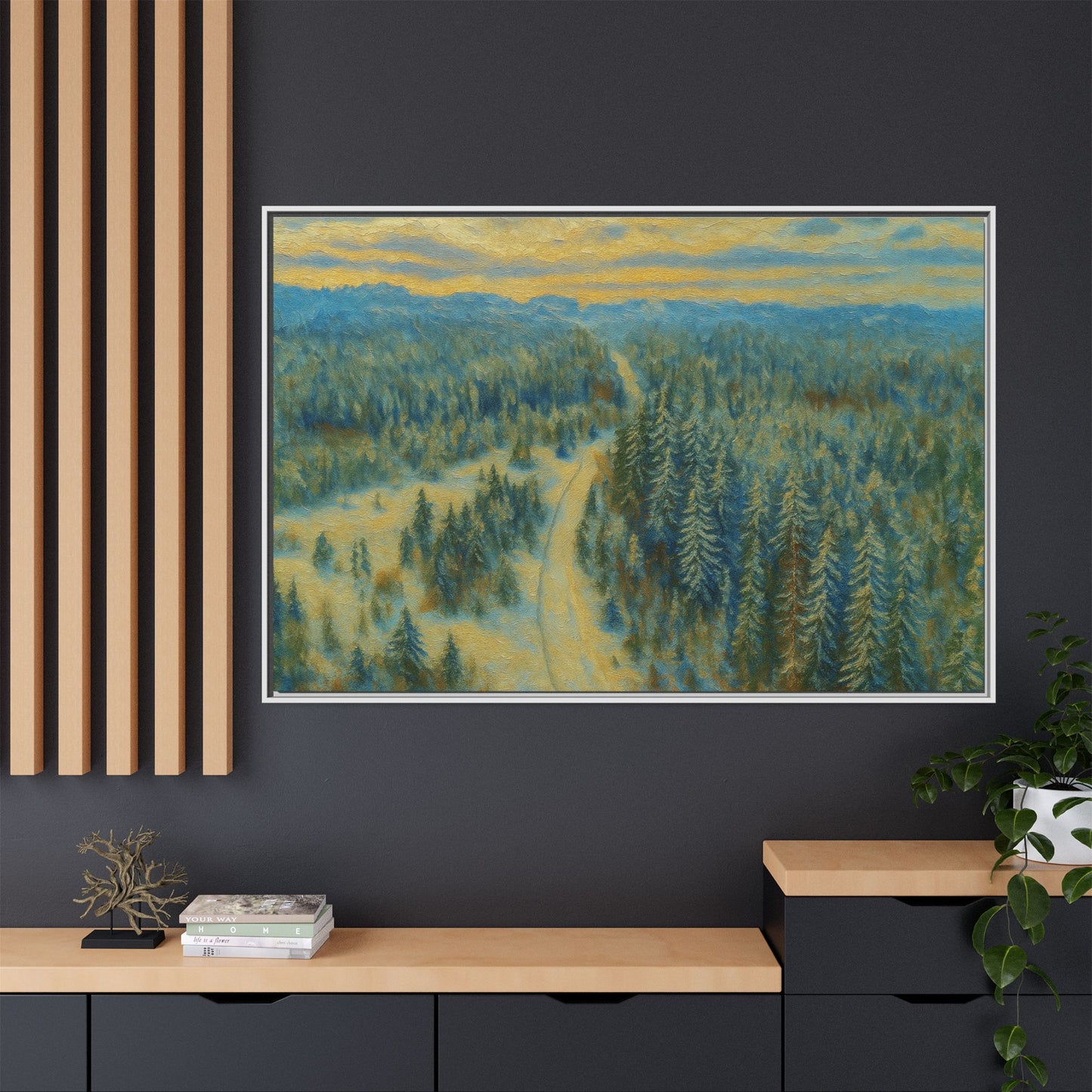 Framed matte canvas print of a serene winter forest landscape by Printify, showcasing snow-covered trees and peaceful scenery.