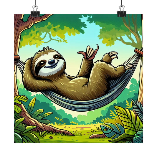 Tropical sloth hammock poster featuring relaxing wall art with a sloth lounging in a hammock, ideal for tropical decor.