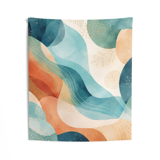 Abstract ocean wave tapestry wall decor featuring vibrant blue and white coastal design, ideal for boho interior accents.