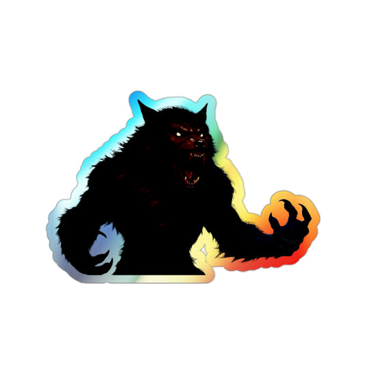 Holographic werewolf die-cut sticker with rainbow moonlight design, featuring a monstrous wolf shape on paper material.