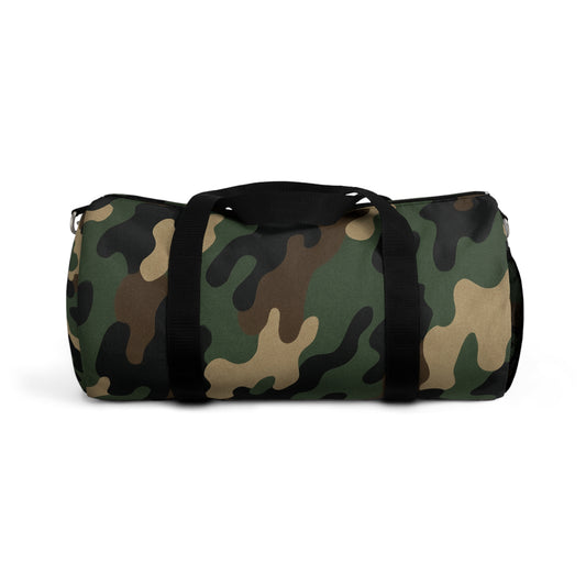 Military green camouflage duffel bag by Printify, versatile travel and gym bag with spacious interior and sturdy handles.