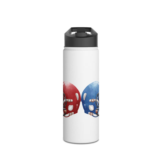 Stainless steel football helmet-shaped water bottle for athletes and sports fans, featuring a sleek metallic finish and sports-themed design.