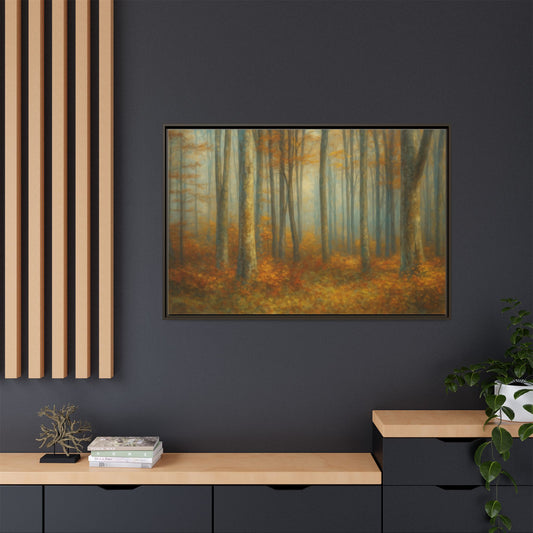 Framed autumn forest canvas print featuring a misty woodland scene, wall art by Printify for nature-inspired home decor.