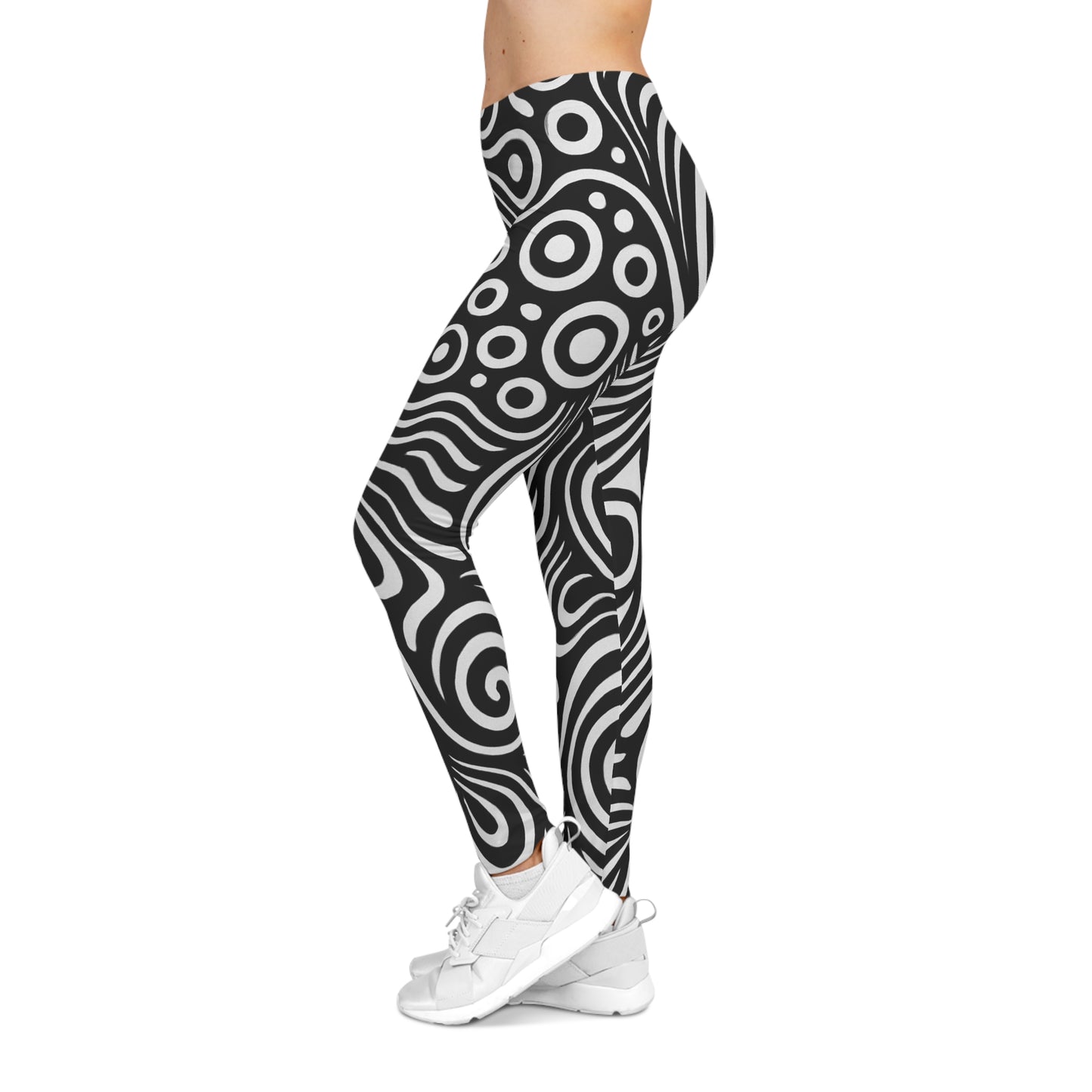 Black and white swirl pattern leggings with retro psychedelic all-over print, featuring bold, vibrant design by Printify.