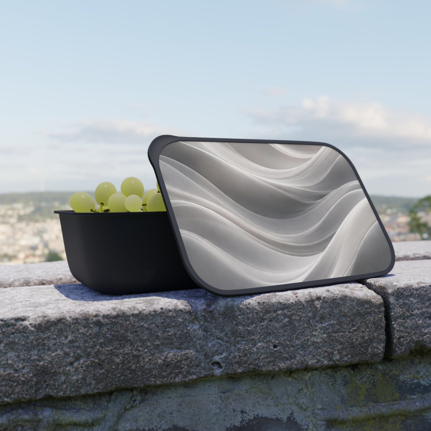 Abstract grey marble PLA bento box with band and utensils, eco-friendly lunch container by Printify.