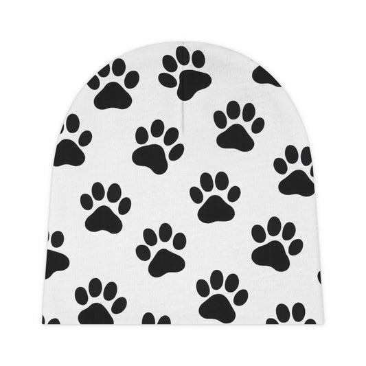Black paw print baby beanie with all-over animal paw pattern, infant hat featuring cute black paw prints on soft fabric.
