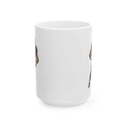 Football player mug featuring a sports-themed design, perfect for game day fans, made by Printify.