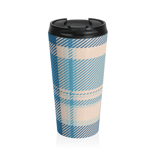 Blue and cream plaid 15oz insulated stainless steel travel mug - view 2
