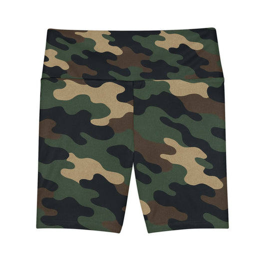 Olive green camouflage high-waist women's workout shorts with all-over print, perfect for activewear and fitness activities.