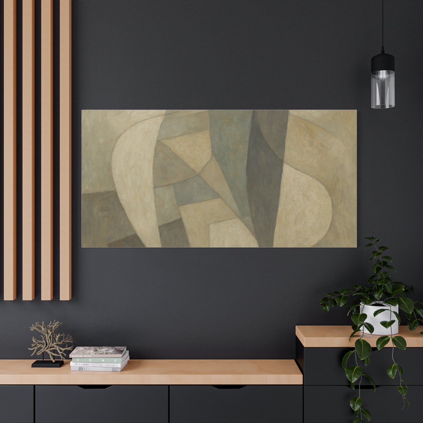 Abstract neutral geometric shapes on matte canvas, featuring modern design with gray, beige, and white tones.