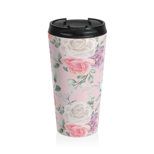 Pink watercolor rose 15oz insulated stainless steel travel mug - view 2