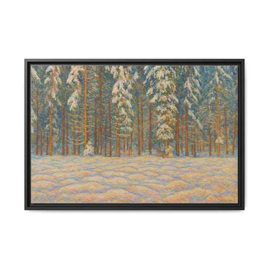 Framed matte canvas print of a snowy pine forest landscape by Printify, showcasing a winter woodland scene.