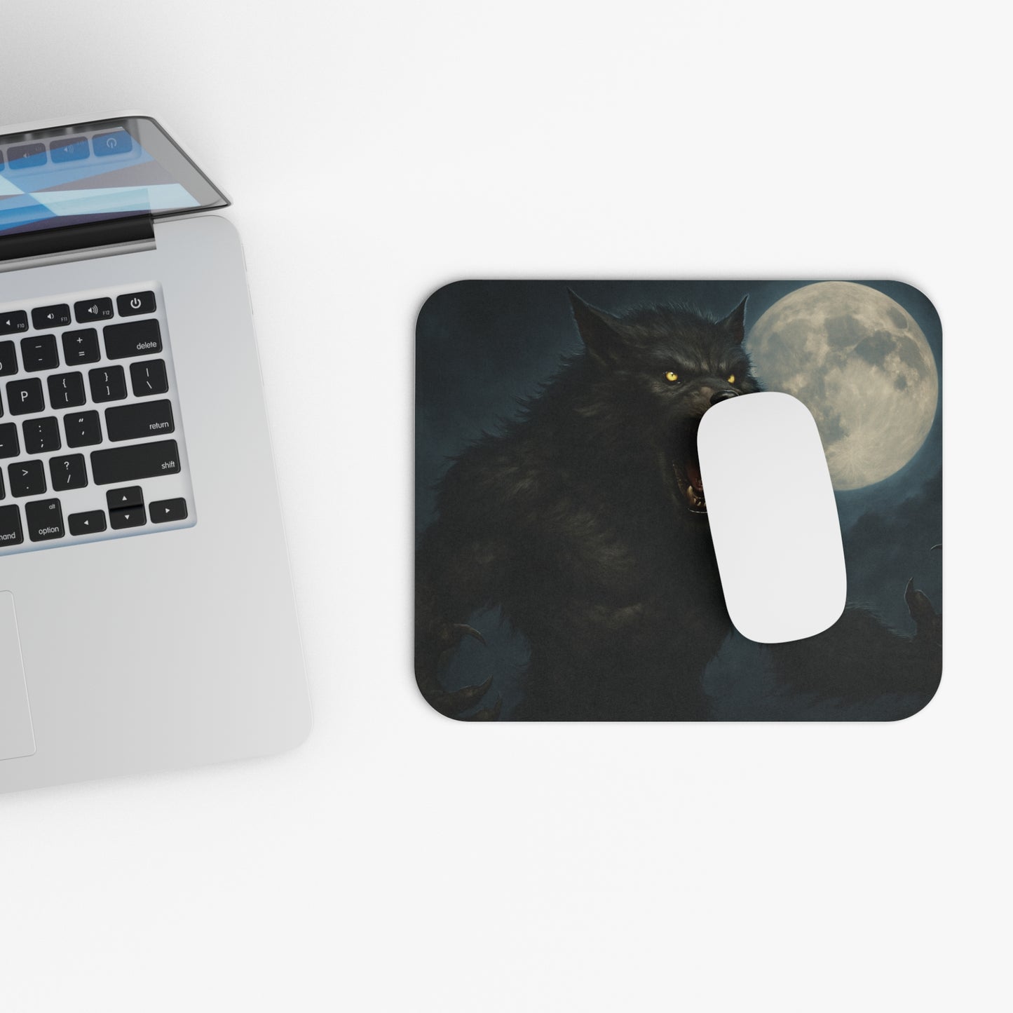 Moonlit Werewolf desk mat featuring gothic horror design, ideal for gamers and desk accessories, by Printify.