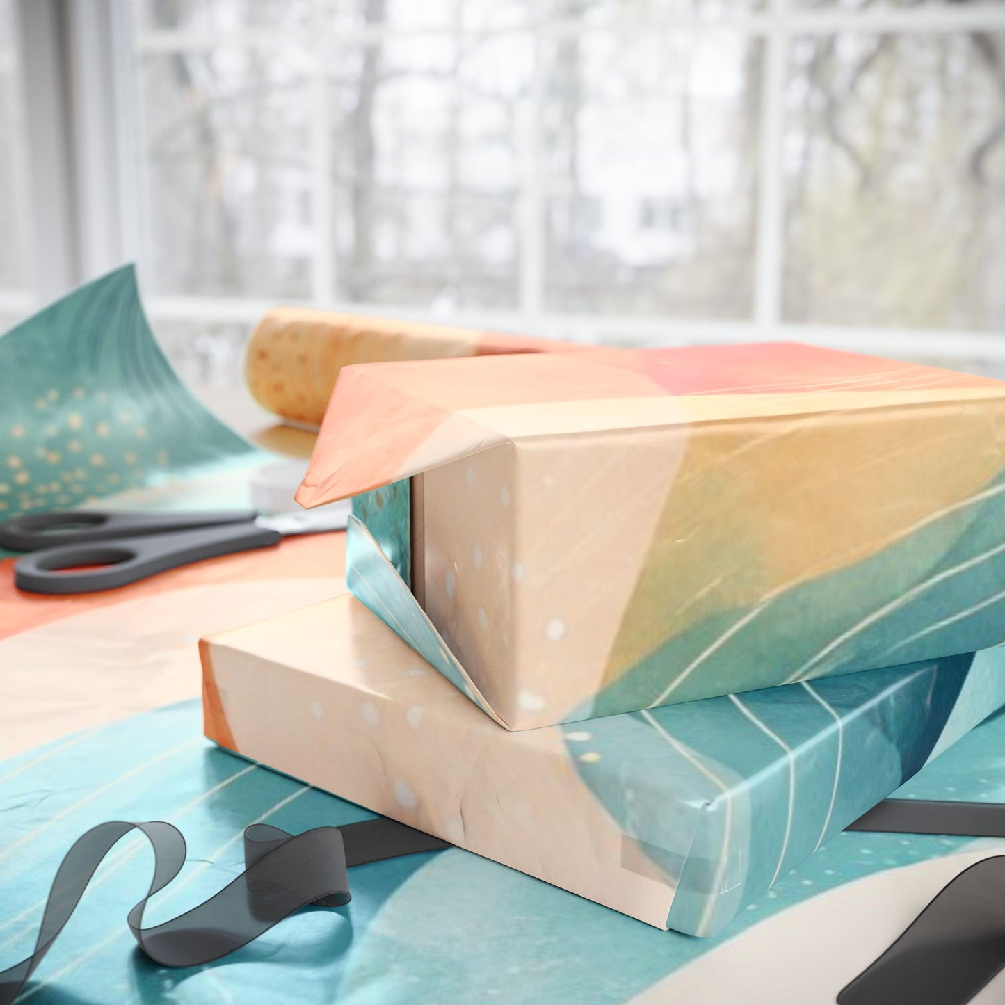 Abstract Wave Wrapping Paper Roll — Teal & Coral Modern Gift Wrap