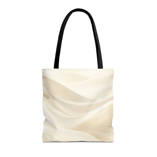 Cream abstract waves tote bag with neutral swirl pattern, stylish fabric bag by Printify featuring artistic wave design.
