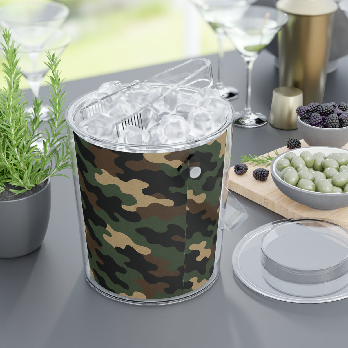 Camo Ice Bucket with Tongs by Printify, outdoor accessories for cooling drinks, perfect for BBQs and wine enthusiasts.