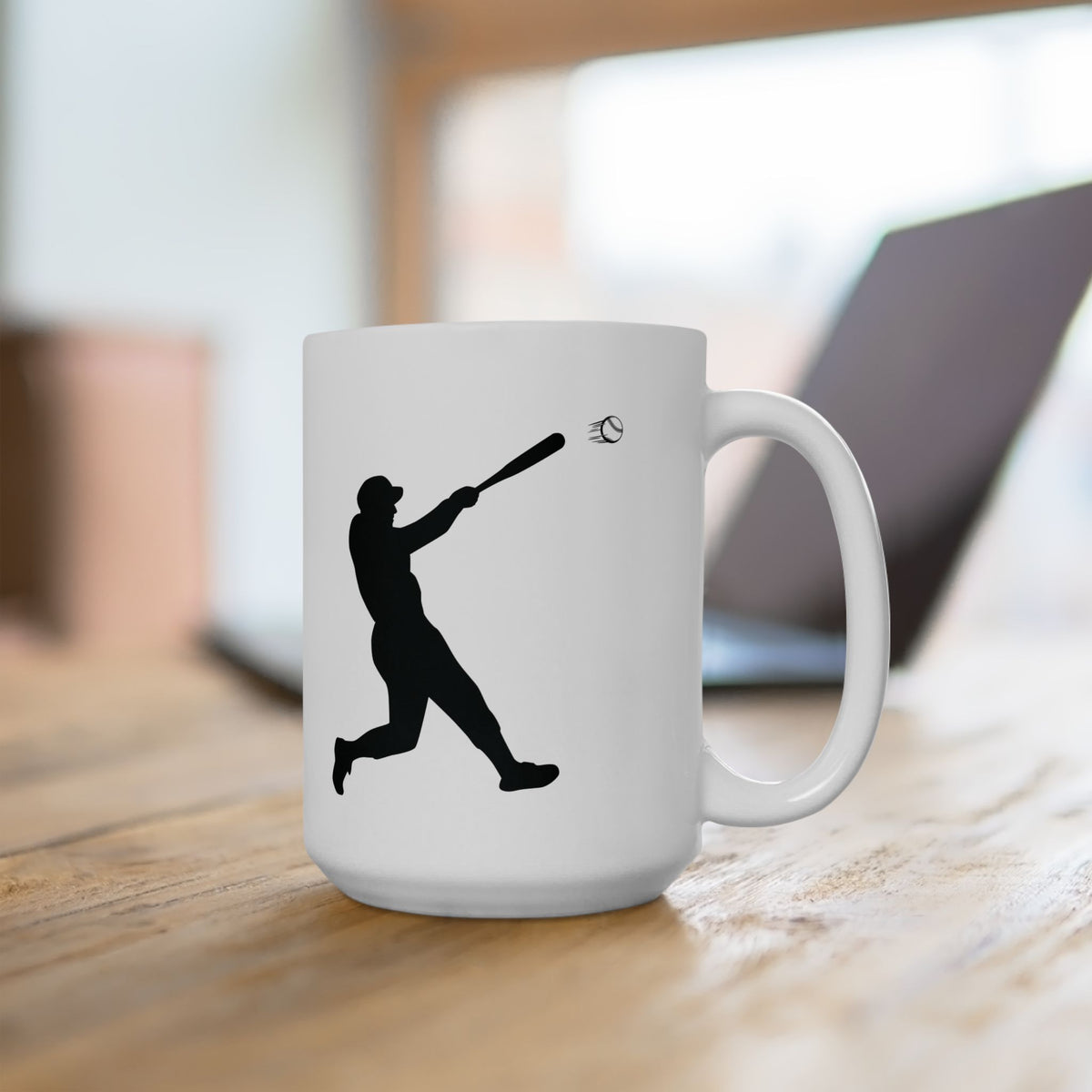 Ceramic mug featuring a baseball player silhouette design, 11oz or 15oz size, ideal for baseball fans and sports enthusiasts.