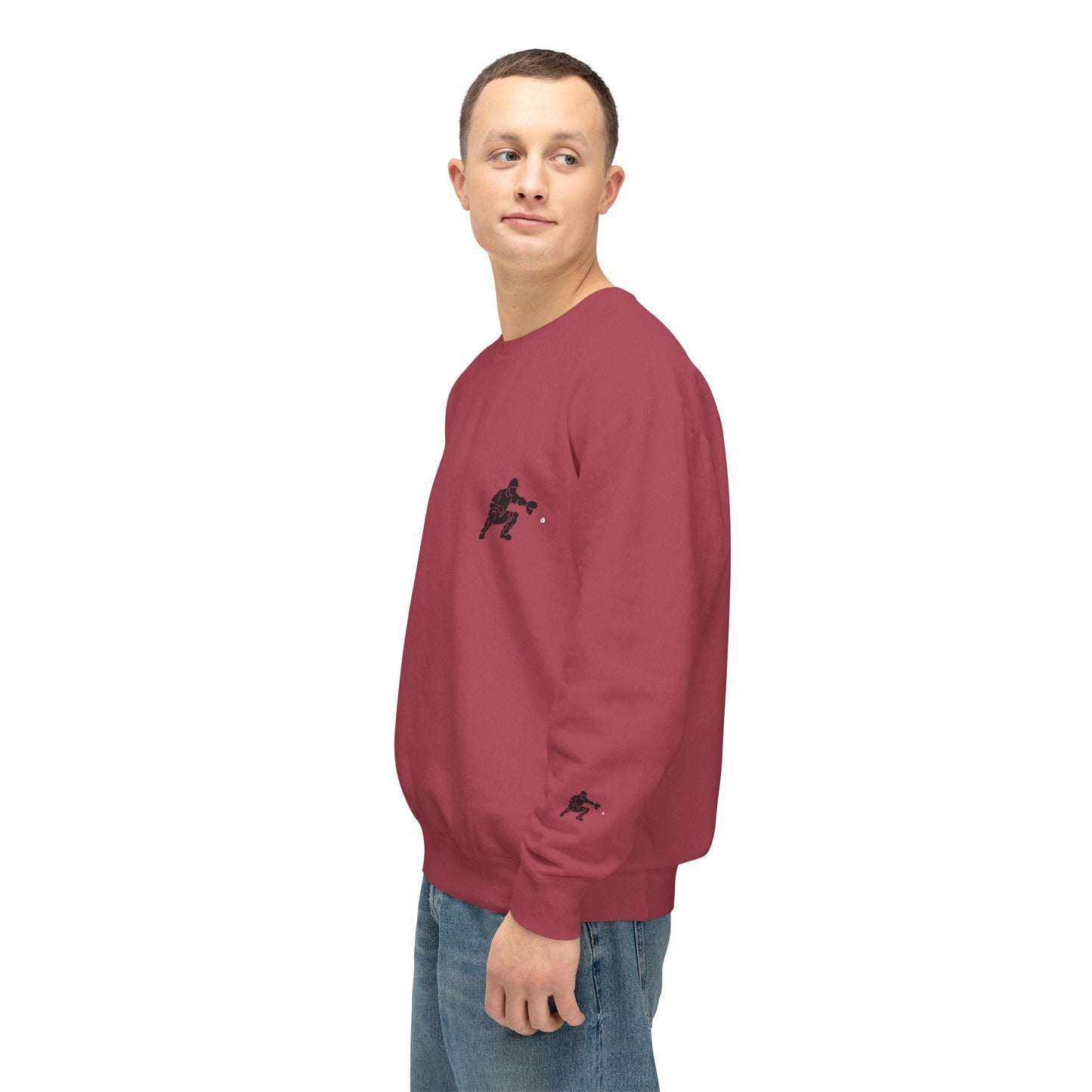 Catcher Baseball crewneck sweatshirt with minimalist back graphic, soft fabric, and comfortable fit by Printify.