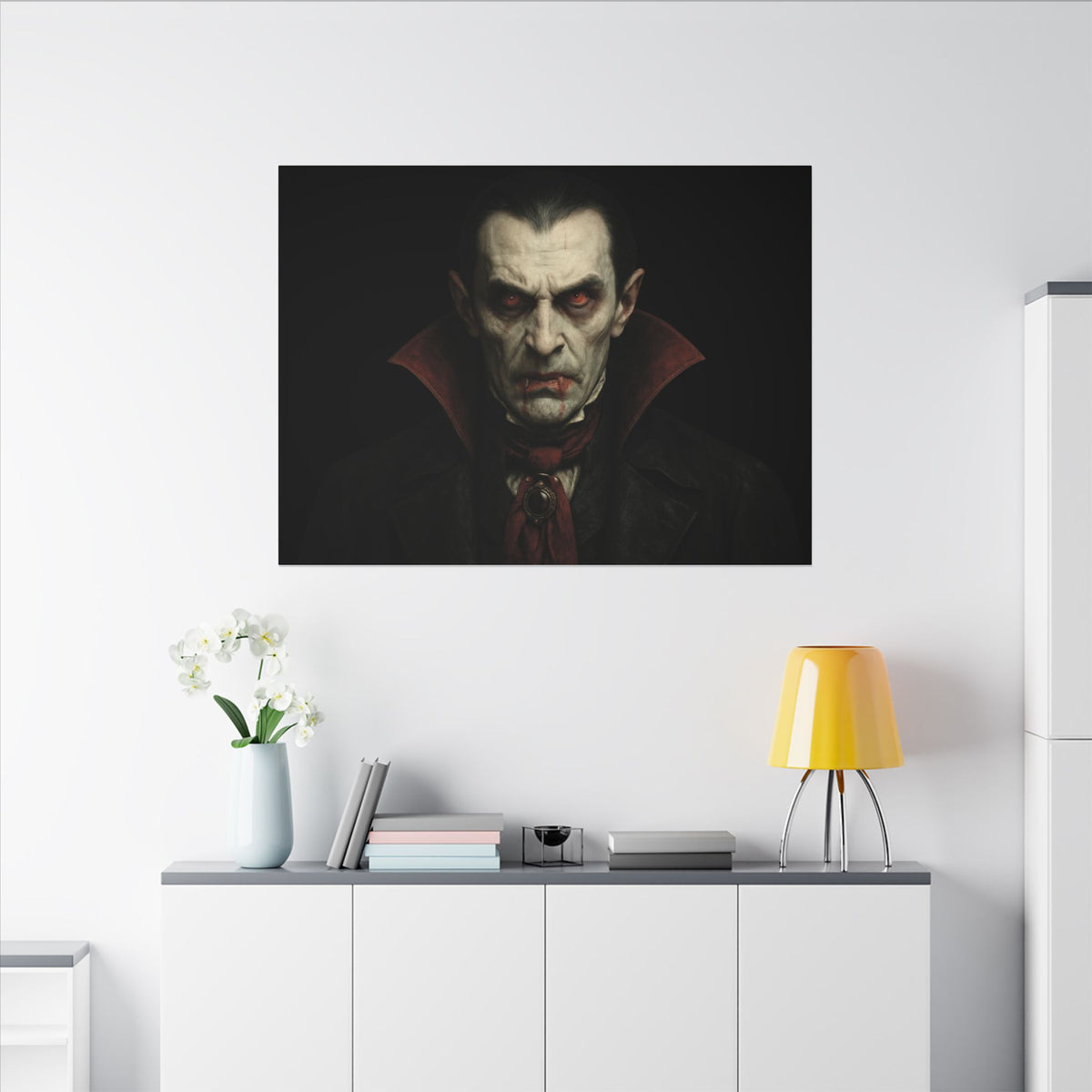 Gothic Dracula vampire portrait canvas print, matte stretched wall art featuring a dark, mysterious vampire design by Printify.