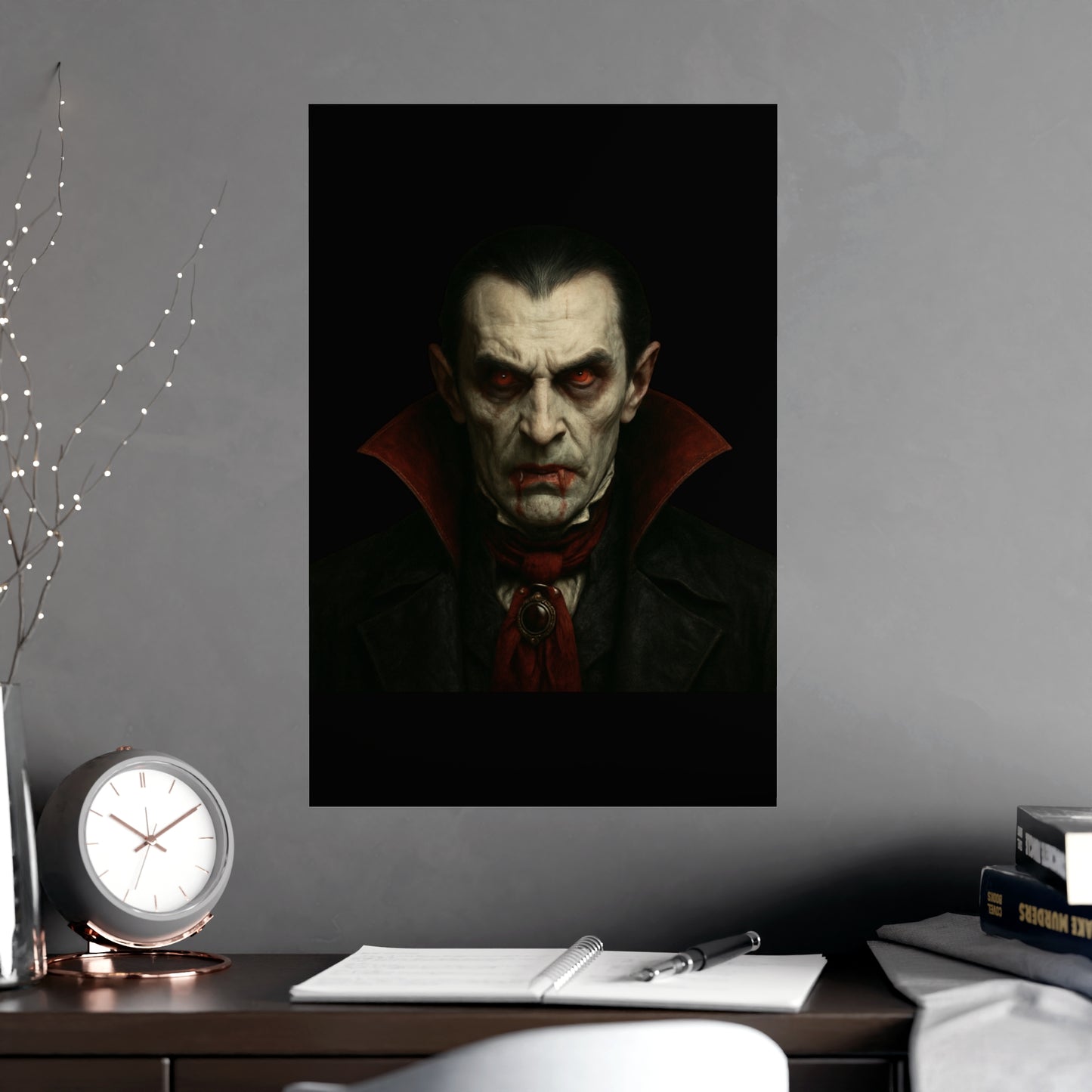 Gothic Dracula vampire portrait poster by Printify featuring a dark, eerie vampire face for wall decor in vertical or horizontal layout.