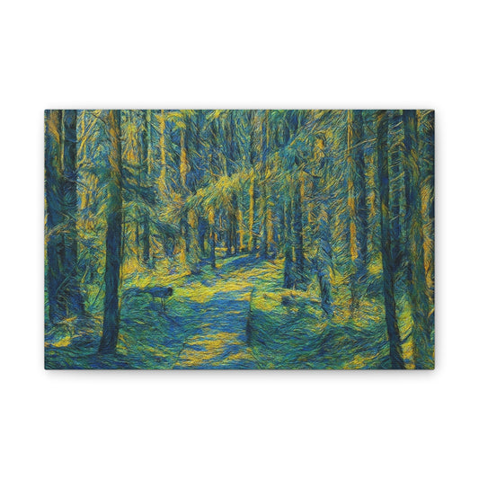 Impressionist-style Sunlit Forest Path canvas wall art by Printify featuring a tranquil woodland scene with dappled sunlight.