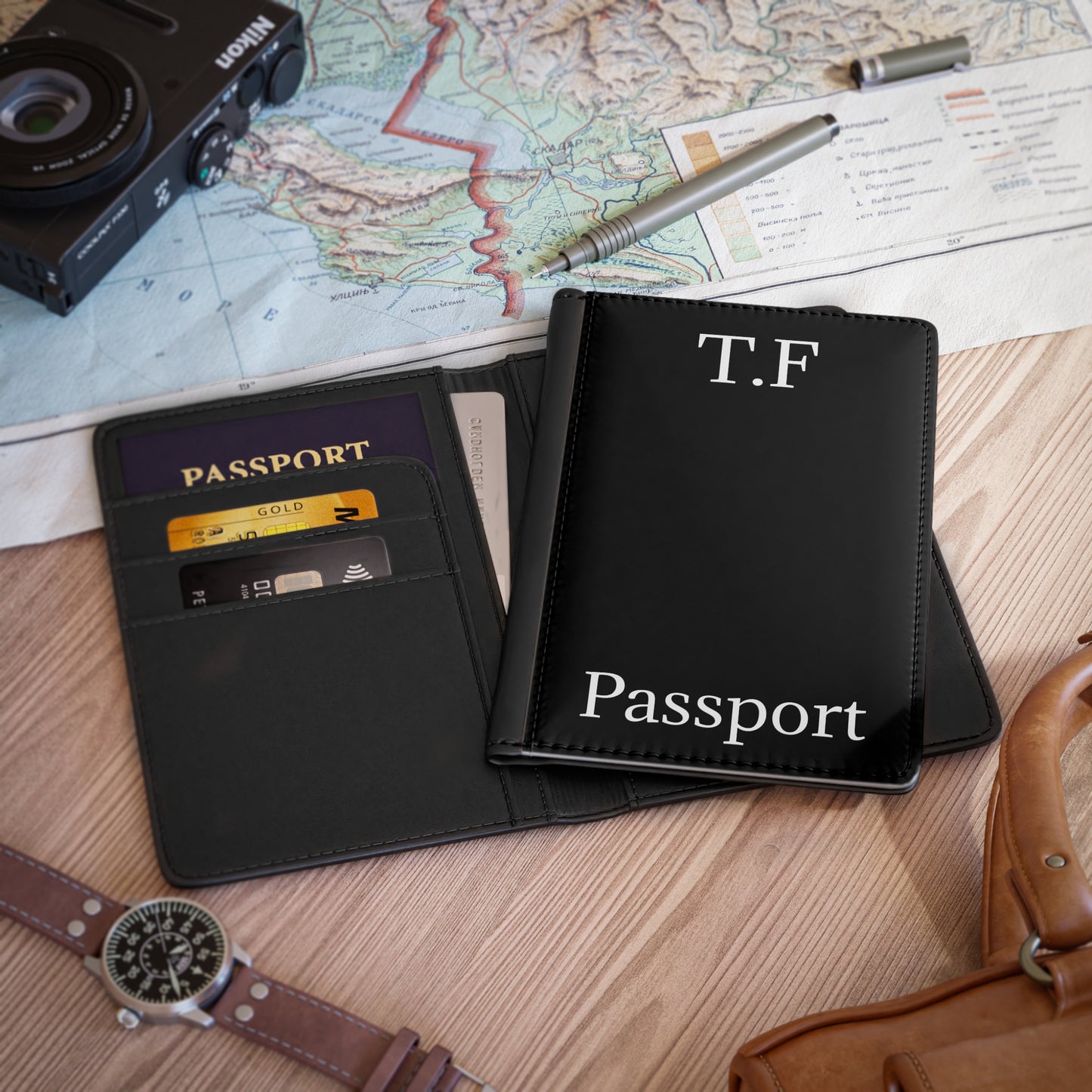 Leather travel passport cover with monogram initials, stylish Printify accessories for secure and elegant passport protection.
