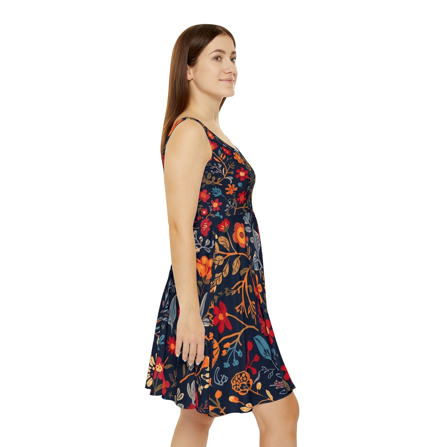 Floral Night Garden skater dress with all-over print from Printify, featuring a fitted bodice and a flared skirt in vibrant floral design.