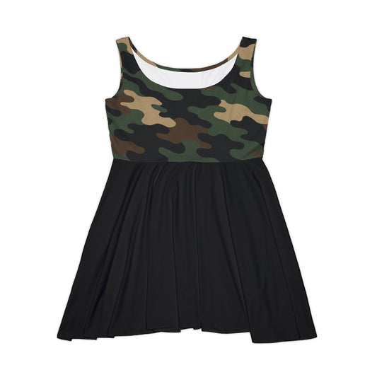 Women's camo print skater dress with all-over camouflage pattern, perfect for casual summer style, by Printify.