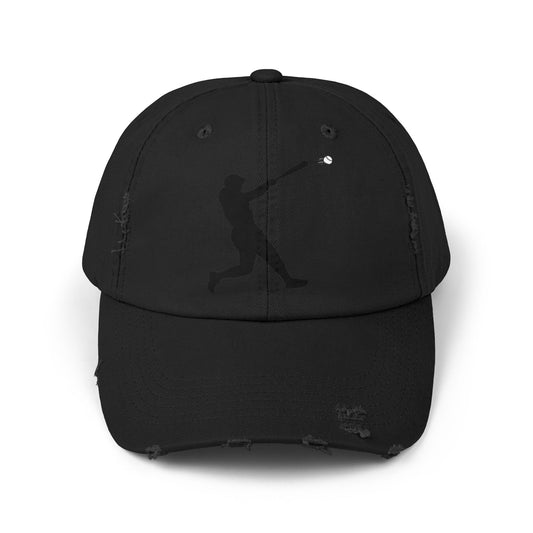 Distressed baseball cap by Printify featuring a silhouette batter design, casual hat with worn, vintage look and adjustable strap.