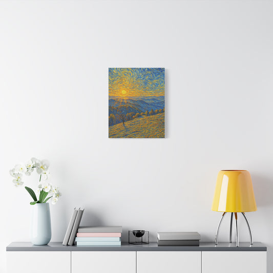 Impressionist Sunrise canvas wall art by Printify, Van Gogh style landscape painting on framed stretched canvas.
