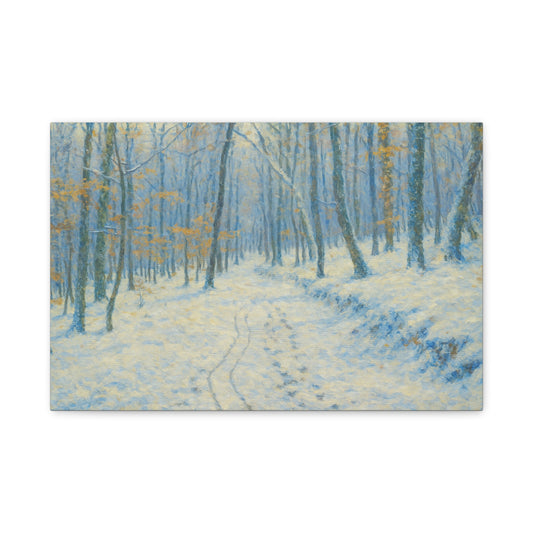 Winter woodland canvas print featuring a snowy forest scene, matte stretched wall art by Printify for cozy winter decor.