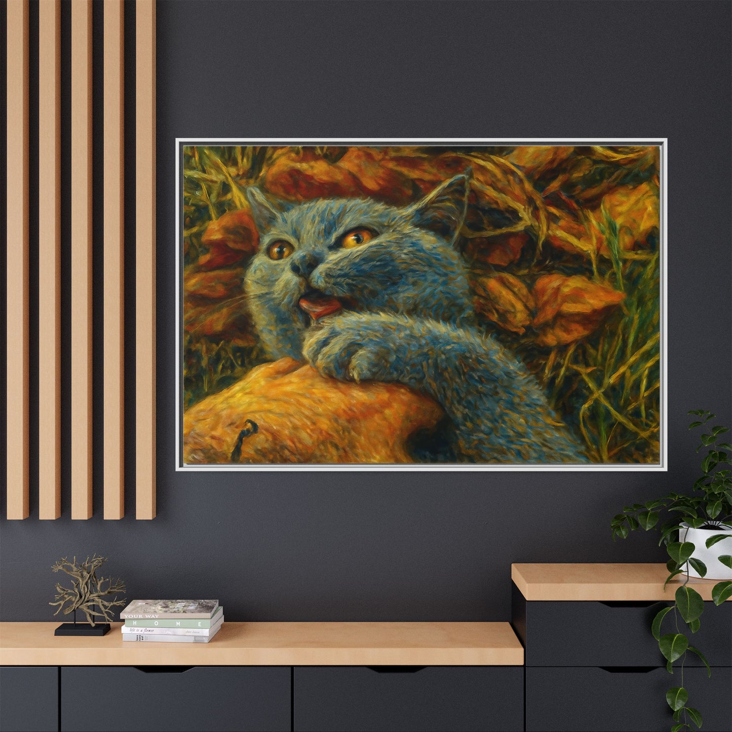 Blue canvas print featuring whimsical cat artwork, ideal for wall decor or cat lover gifts, by Printify.