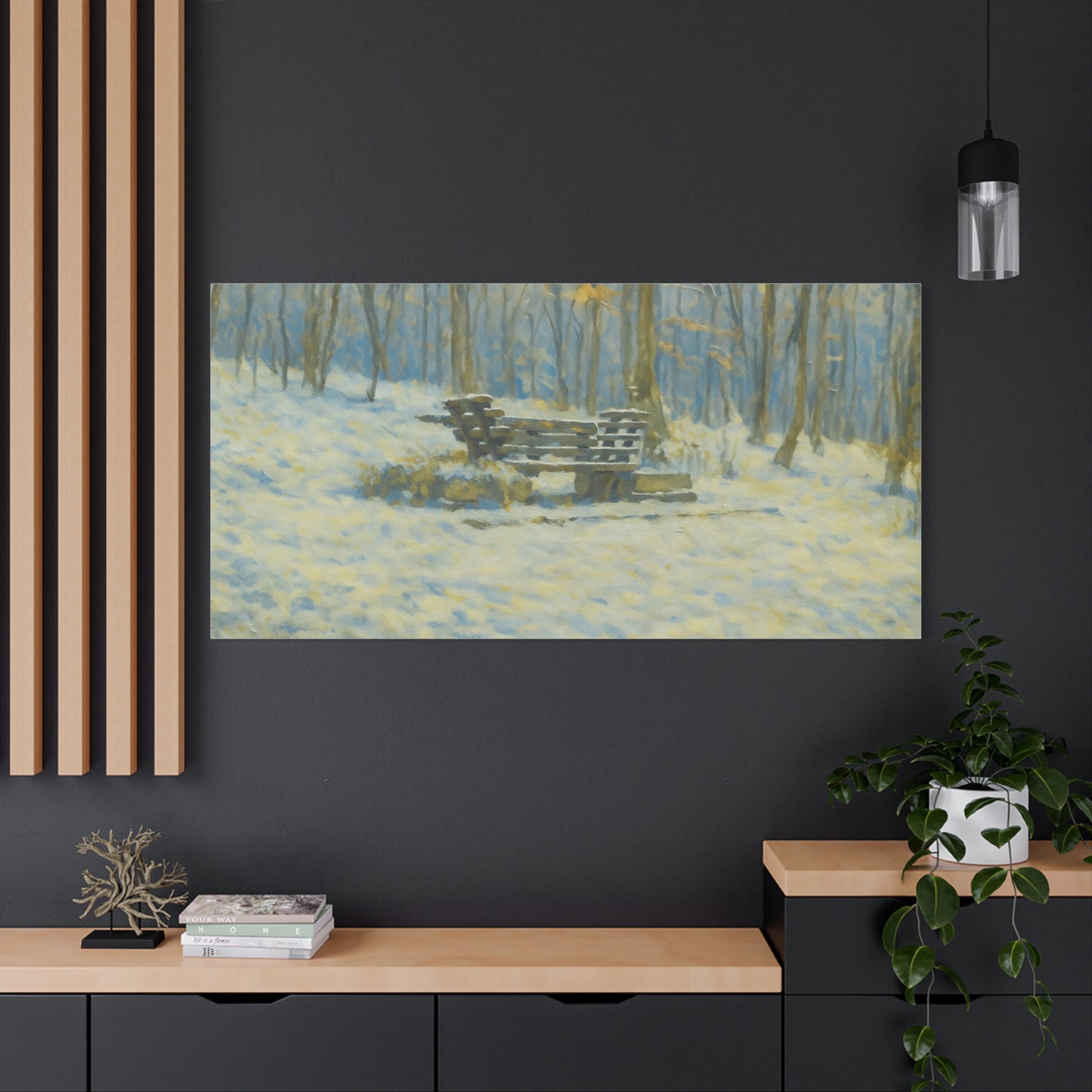 Winter woodland scene on snowy park bench matte canvas print, 1.25-inch stretched canvas wall art by Printify.