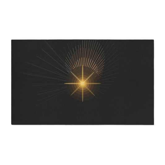 Black Radiant Star Burst Floor Mat by Printify, decorative entrance rug with starburst pattern and durable fabric for home entryway.
