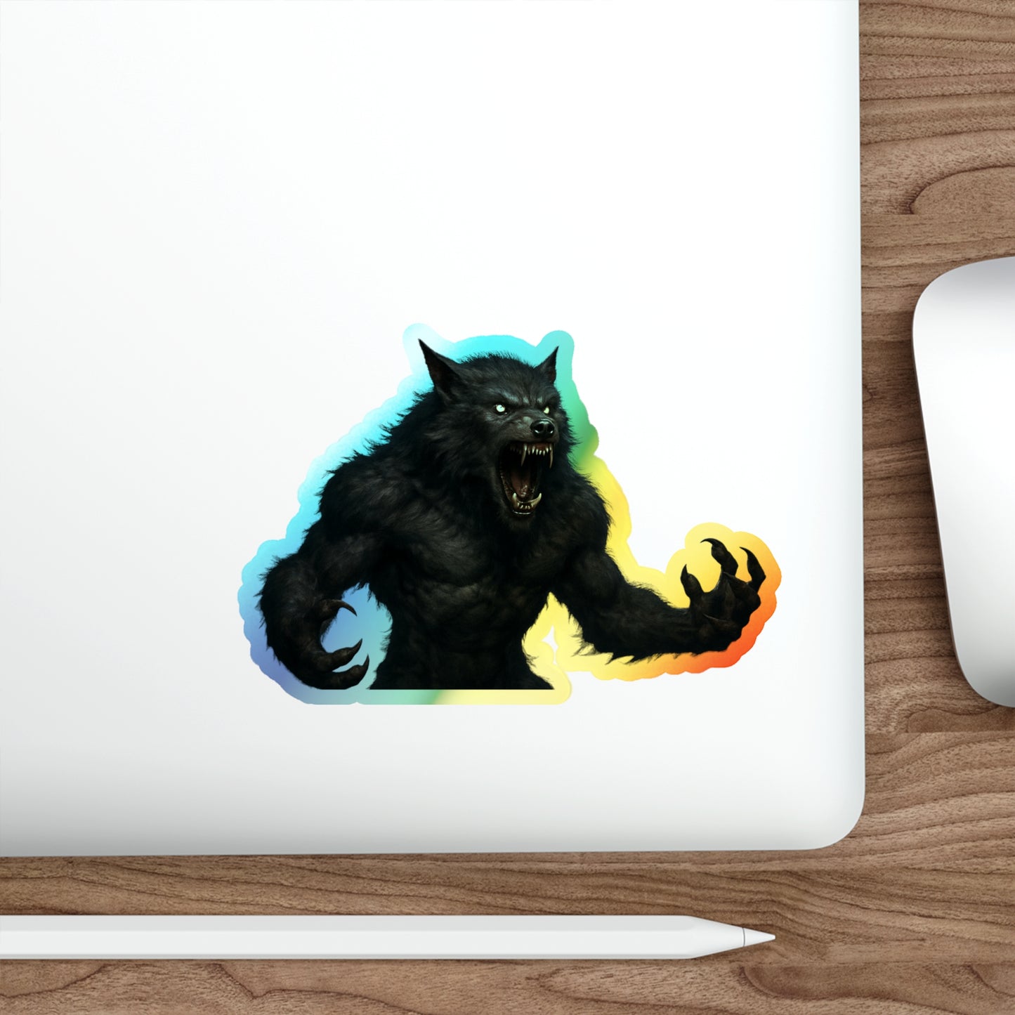 Holographic werewolf sticker with rainbow shimmer, die-cut paper design, featuring a detailed werewolf illustration.