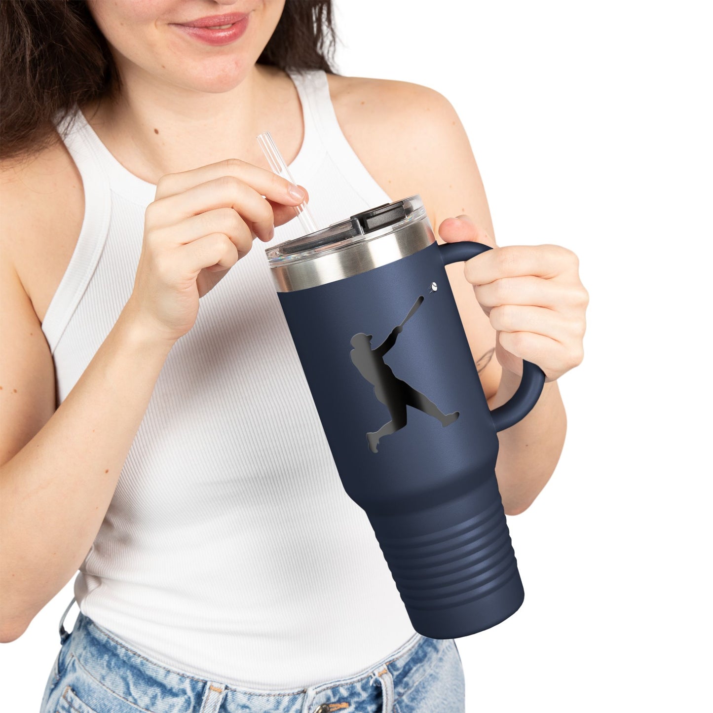 Printify baseball silhouette 40oz insulated travel mug with handle, durable stainless steel, and leak-proof lid for hot and cold drinks.