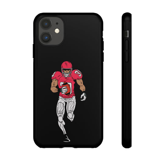 Black football player tough phone case for iPhone, sporty protective case featuring a dynamic football athlete design.
