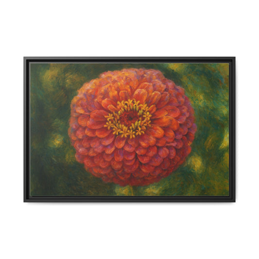 Vibrant red zinnia floral canvas print framed wall art by Printify, showcasing colorful flower details on canvas.