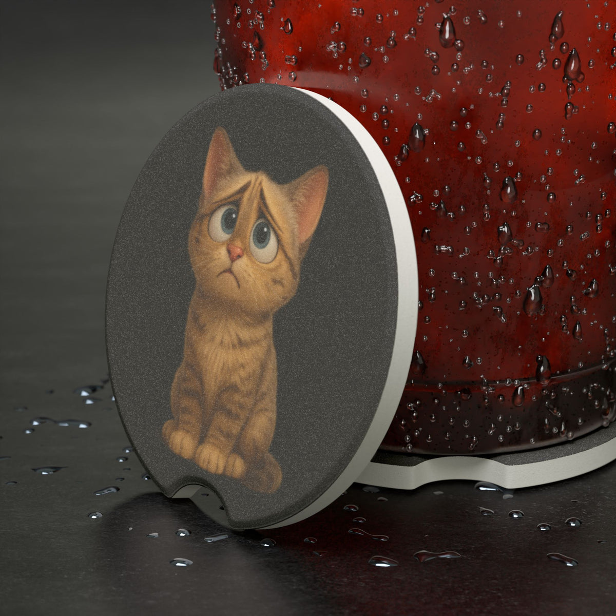 Sad Kitten Soapstone Car Coaster featuring a cute cat design, perfect for holding drinks in cars.