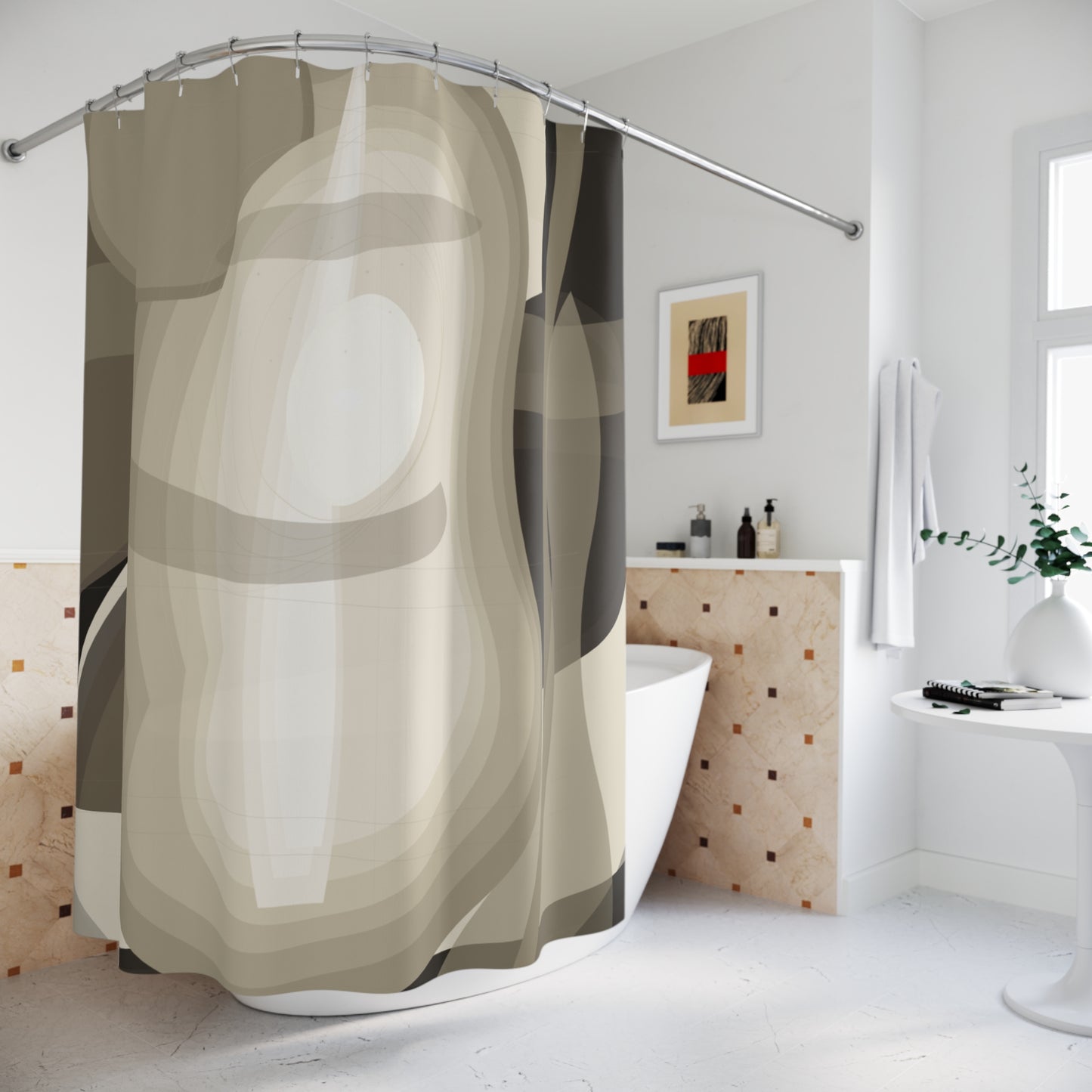 Neutral Abstract Shapes Shower Curtain | Modern Beige Geometric Bath Decor