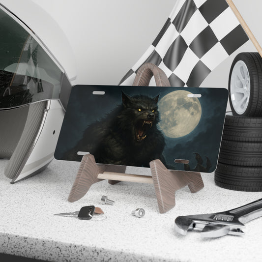 Mysterious Werewolf vanity license plate by Printify featuring a spooky werewolf design, perfect for car decor and Halloween accessories.