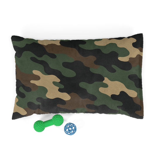 Plush camouflage pet bed with a camo print cushion for dogs and cats, designed for comfort and style.